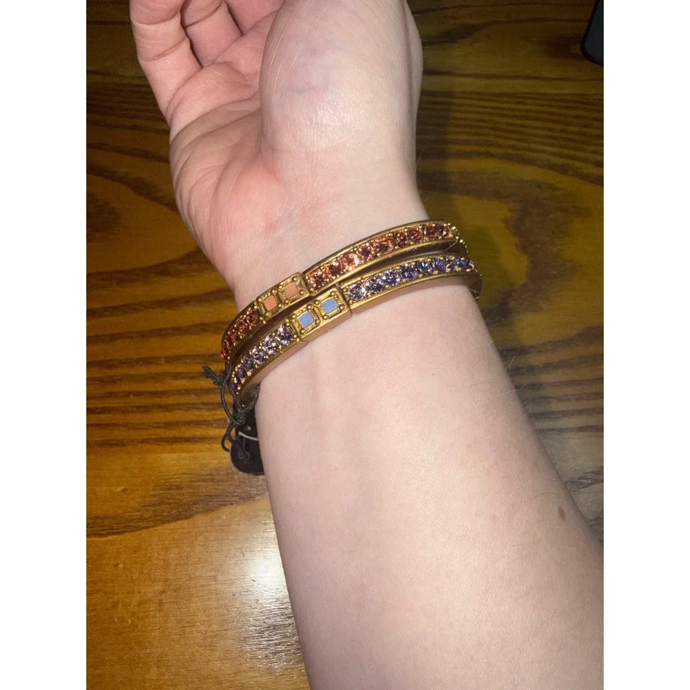 Lane Bryant Set of 2 Rhinestone Hinge Bangle Bracelets Purple Orange Gold Tone